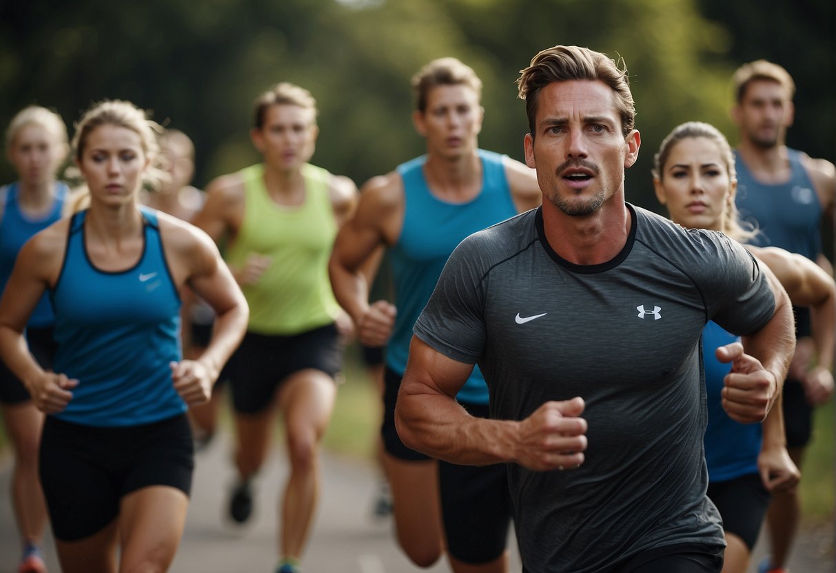 A group of runners engage in advanced training techniques, focusing on base conditioning. They push themselves through various exercises and drills, sweat dripping as they work towards improving their endurance and strength