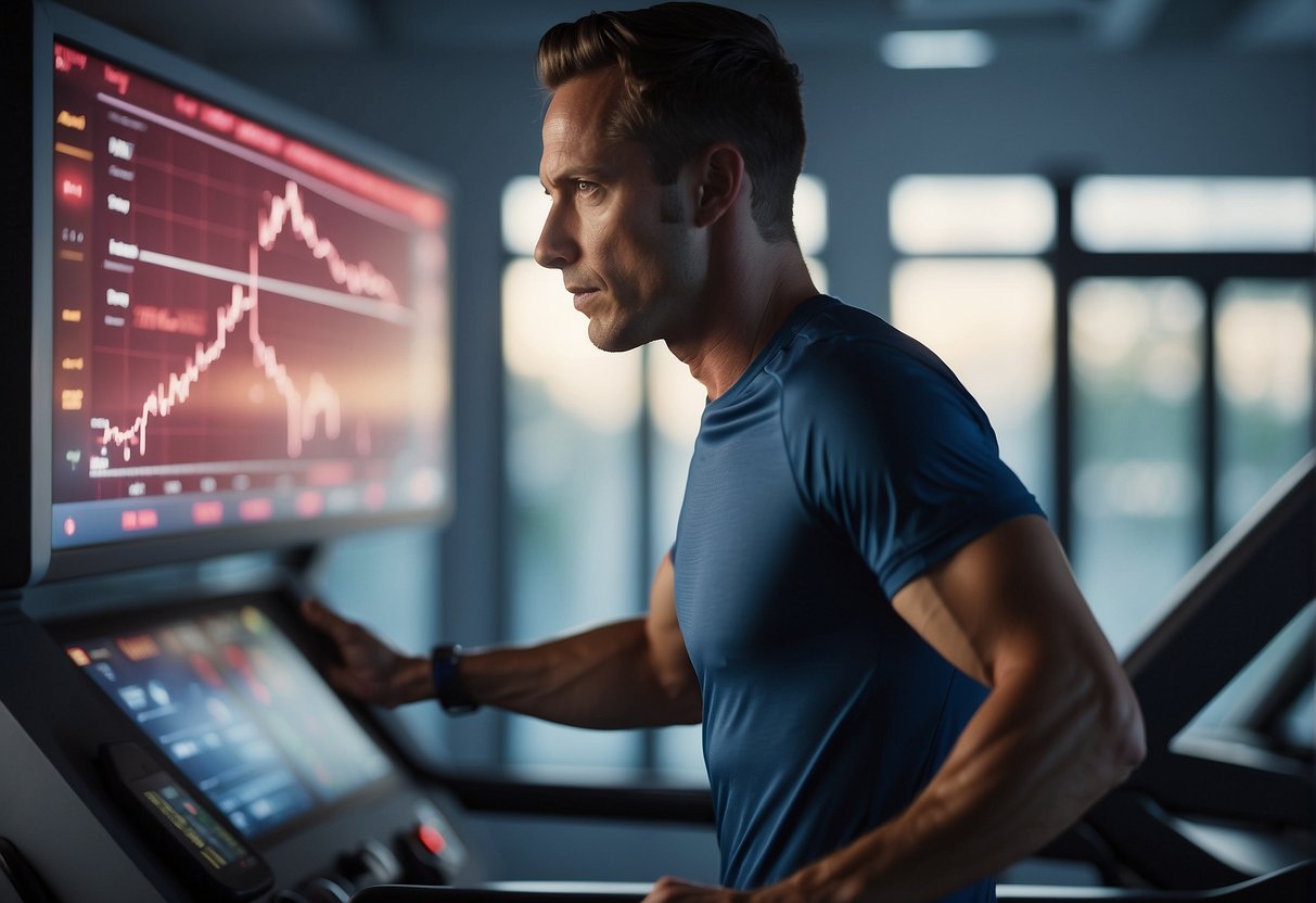 A runner adjusts treadmill speed while monitoring heart rate and distance on a digital display