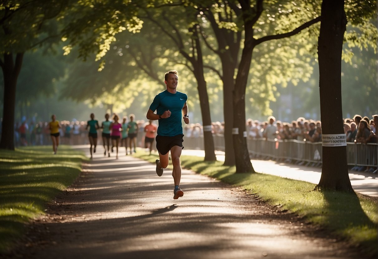 A runner paces along a tree-lined path, sunlight dappling the ground. A crowd of cheering spectators lines the route, and colorful banners flutter in the breeze