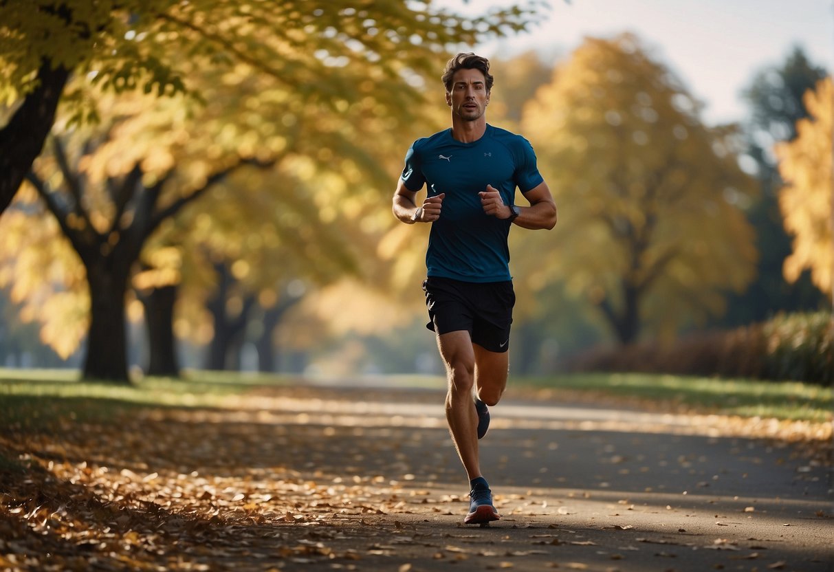 A runner paces along a path, focused and determined. The route is lined with trees, the ground beneath covered in fallen leaves. The runner's posture is strong, breathing steady as they approach the finish line