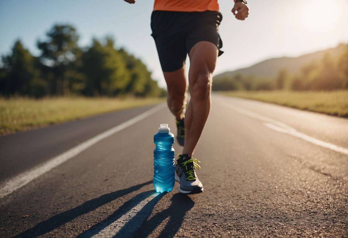 A person running a 5k with a water bottle and healthy snacks, staying hydrated and fueled for the race