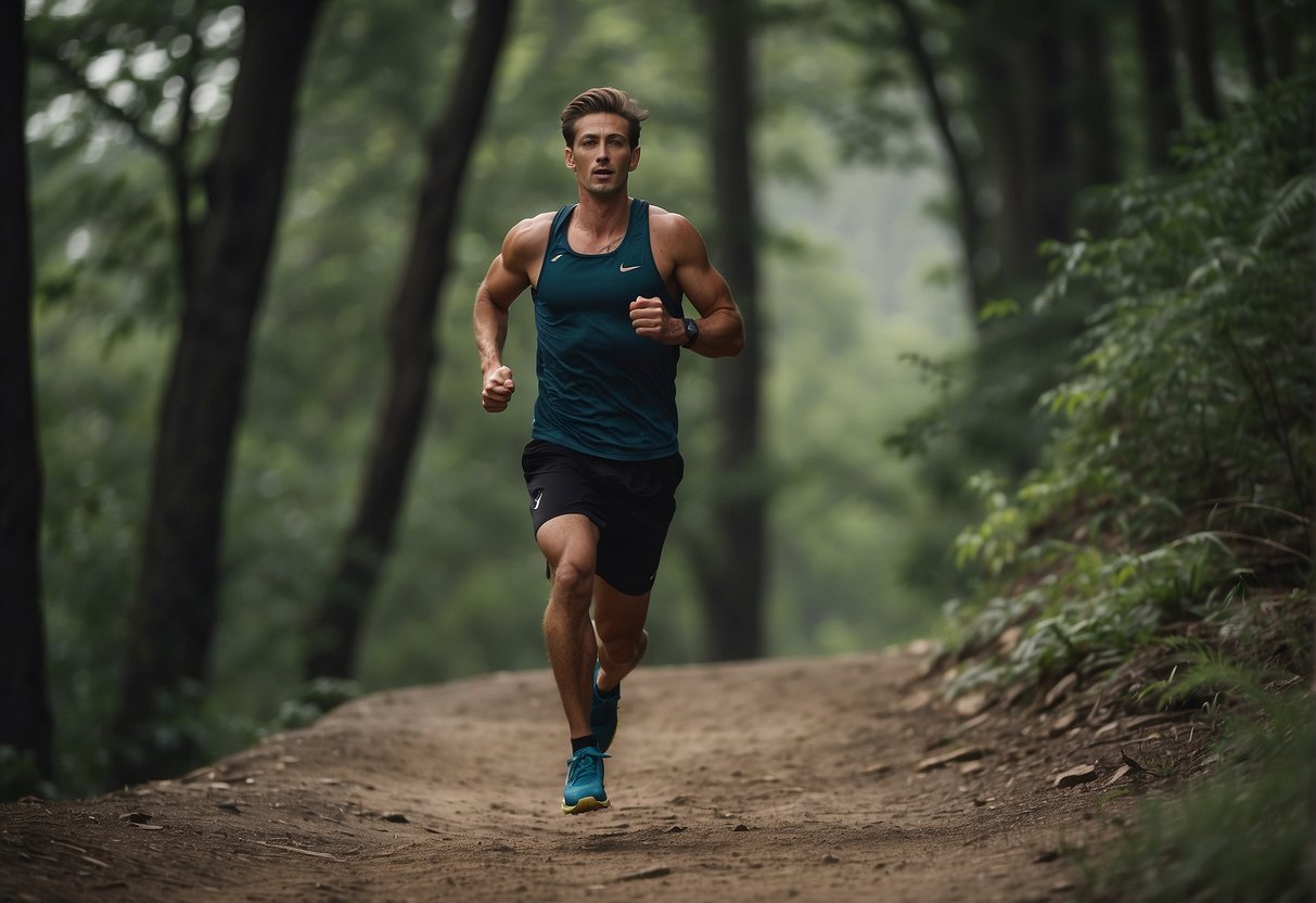 A runner effortlessly glides along a scenic trail, breathing rhythmically and maintaining a steady pace, with a look of determination and focus on their face