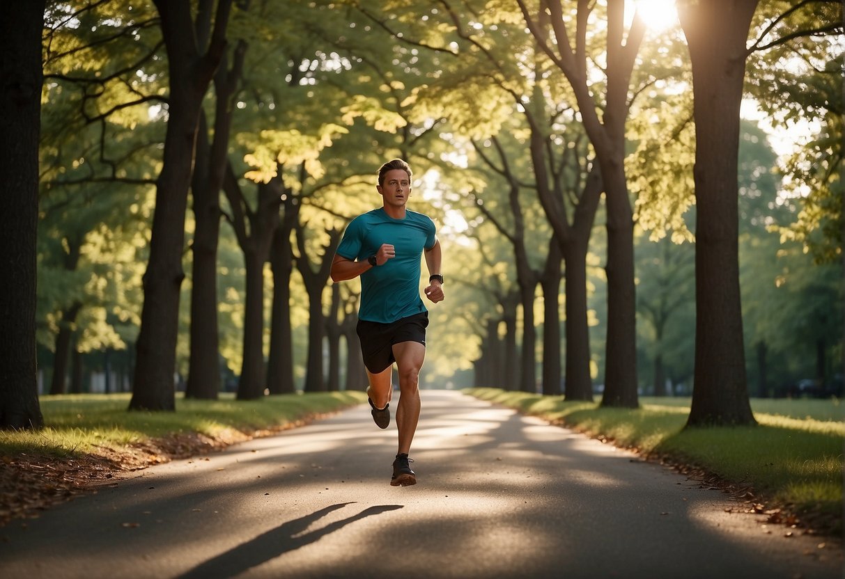 A runner glides effortlessly along a tree-lined path, sunlight filtering through the leaves. The runner's determined expression and steady pace exude a sense of focus and motivation