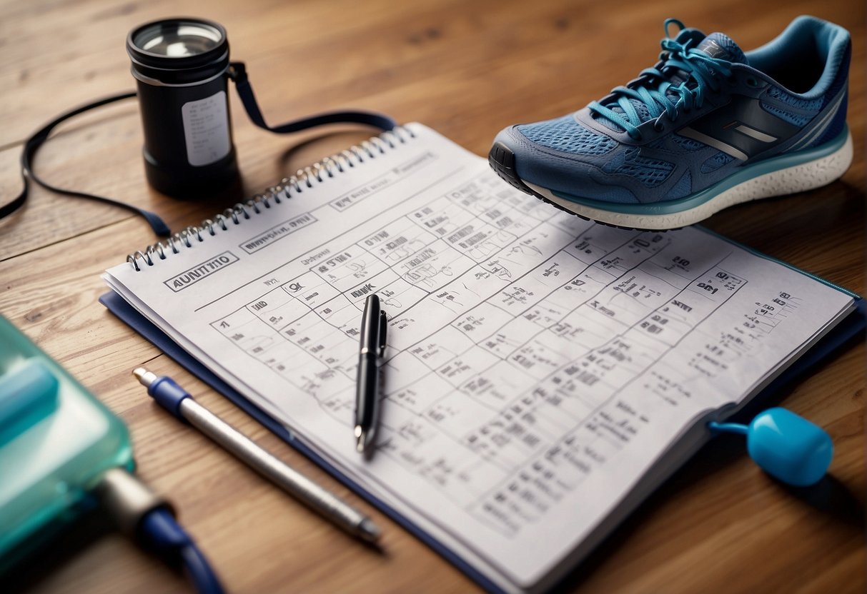 Runners follow a structured training plan, with a calendar and checklist, running shoes, stopwatch, and a water bottle nearby
