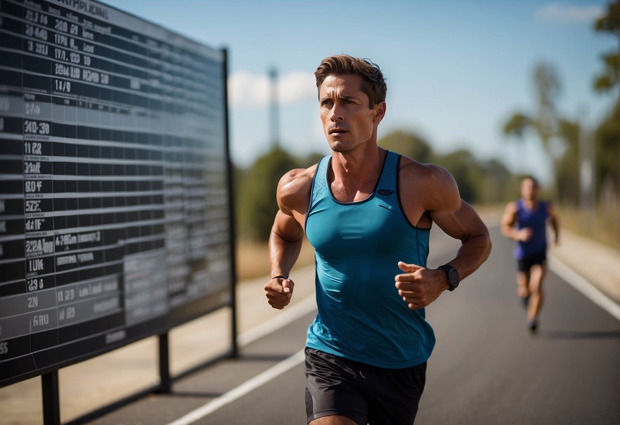 A runner follows a structured training plan, with a calendar and schedule, incorporating intervals, tempo runs, and long-distance runs