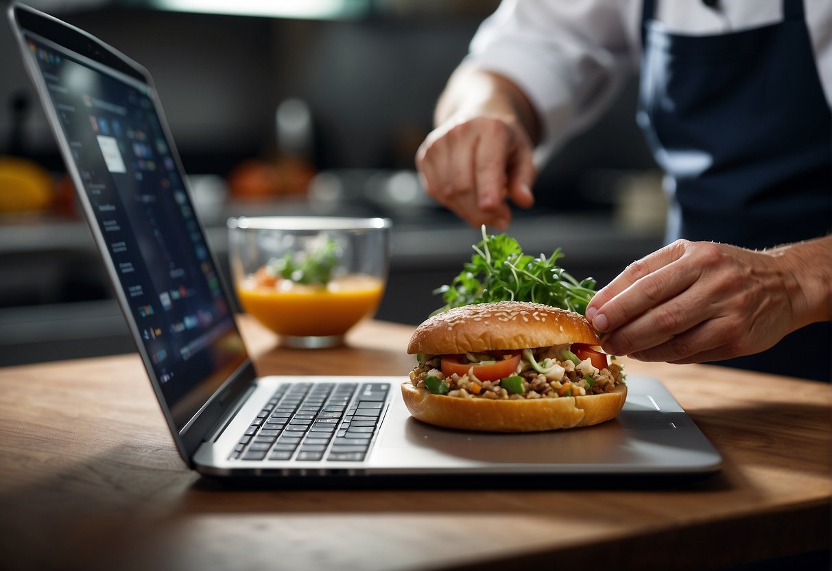A chef preparing a gourmet dish while a laptop displays Orlando SEO for Catering Companies on the table