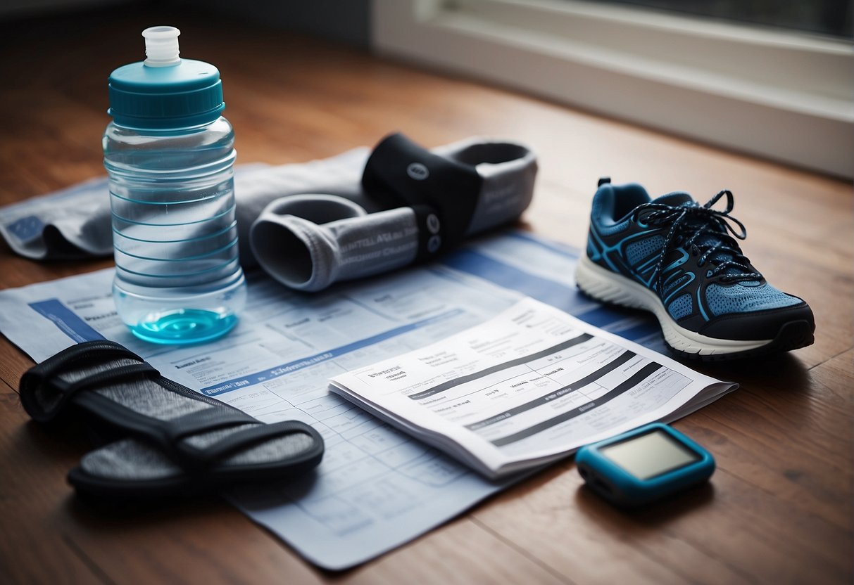 A runner's training plan laid out with running shoes, stopwatch, water bottle, and a stretching mat on the floor
