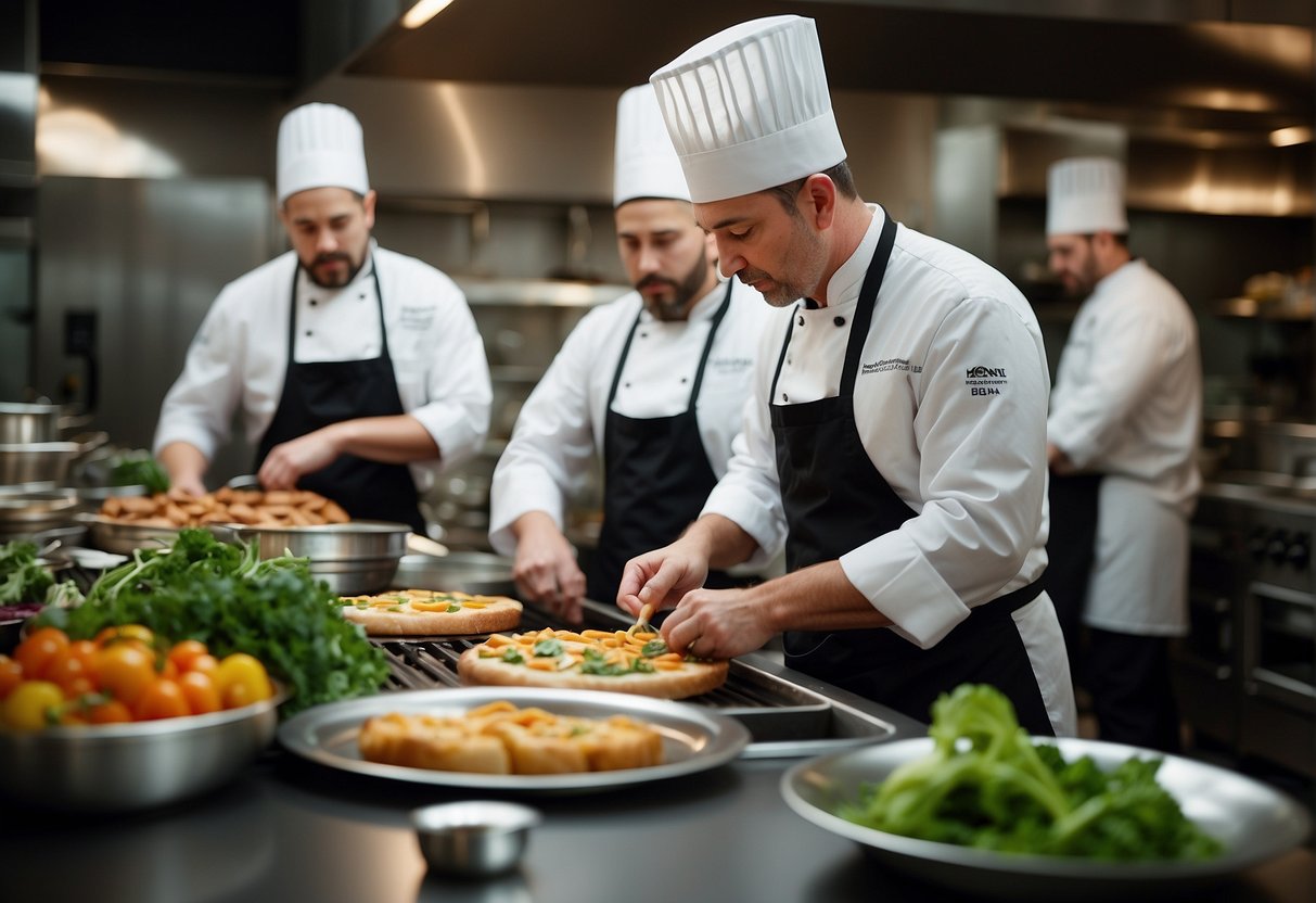A bustling kitchen with chefs preparing gourmet dishes, while a team of marketers strategize SEO plans for catering services in Orlando