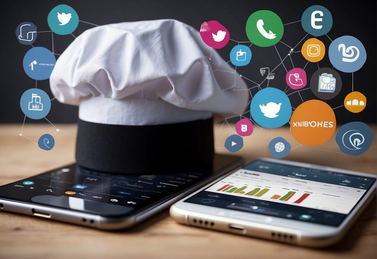 A chef's hat and a smartphone with social media icons, surrounded by digital marketing graphs and charts
