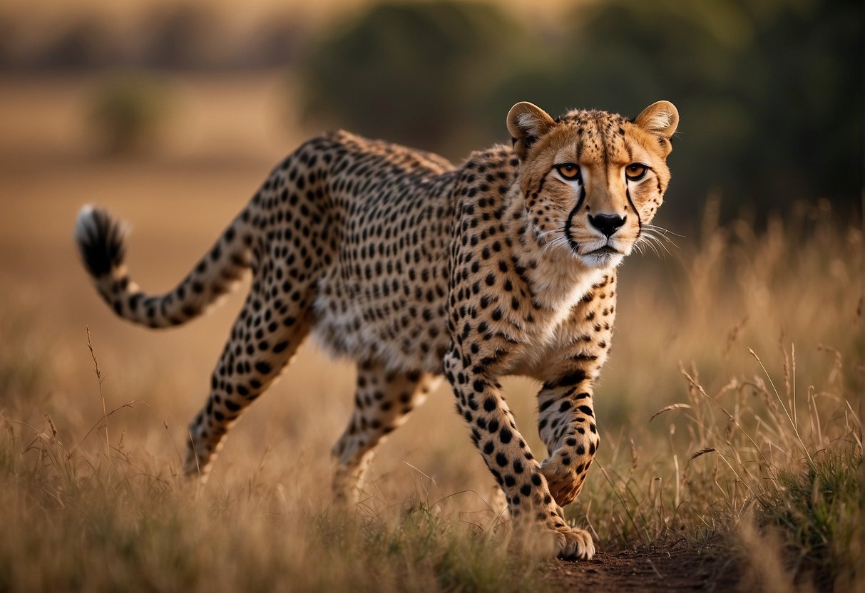 A cheetah sprints across the savanna, its powerful muscles propelling it forward with incredible speed. The grasses and trees blur past as it races towards its destination