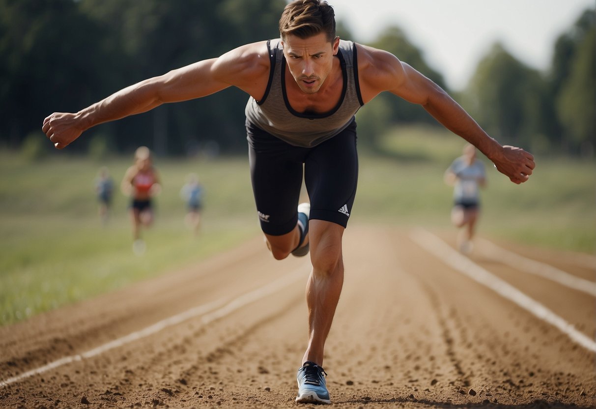 A figure in motion, legs pumping, arms swinging, with a focused and determined expression. The background suggests a track or open field