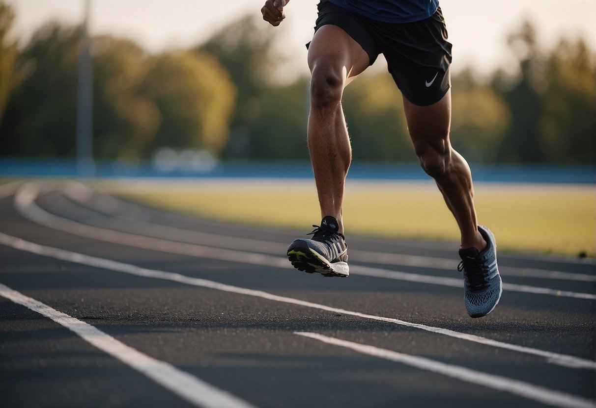 A runner is seen on a track, maintaining a steady pace with occasional bursts of speed. The focus is on the rhythm and intensity of the workout