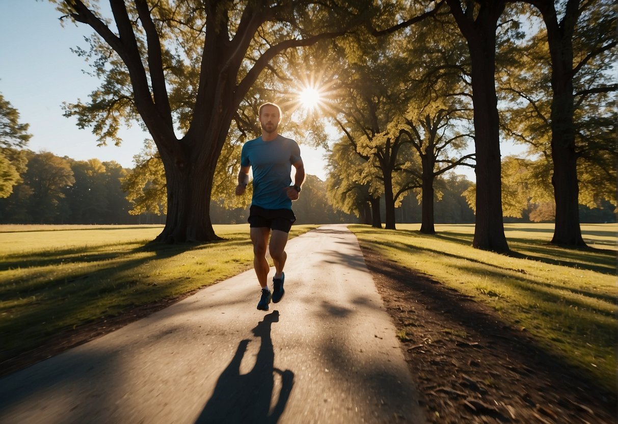 A runner is mid-stride on a tree-lined path, focusing on maintaining a steady, challenging pace. The sun is low in the sky, casting long shadows on the ground