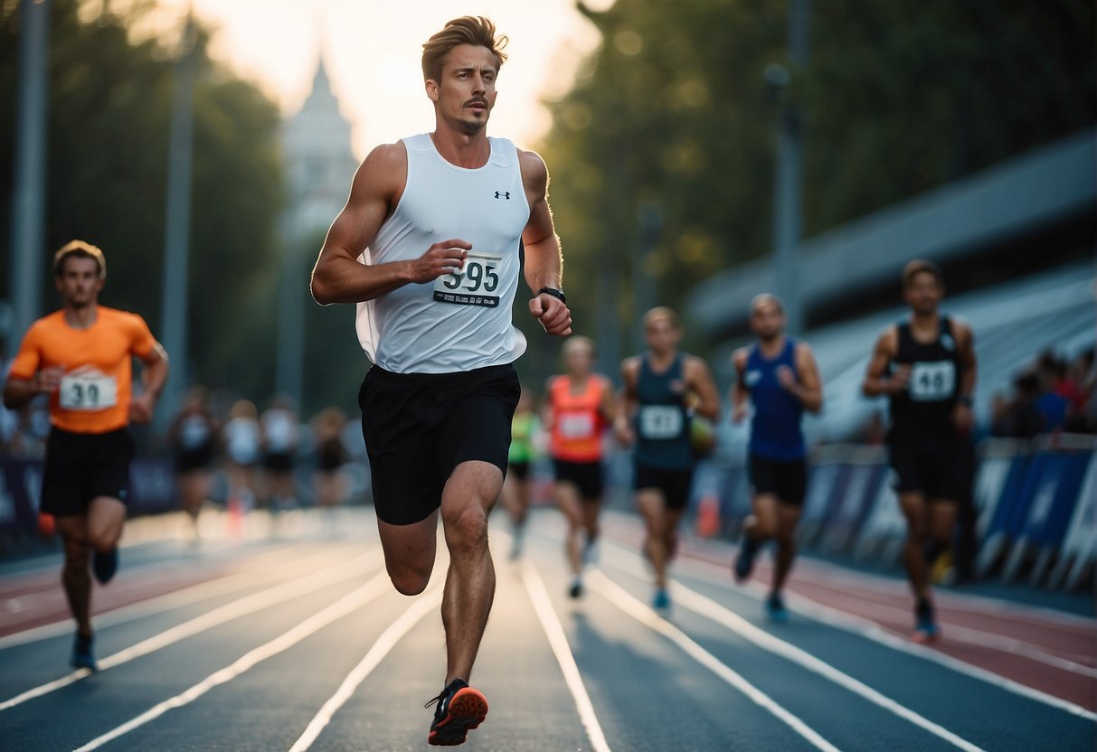 A runner in motion, stopwatch in hand, tracks speed and distance