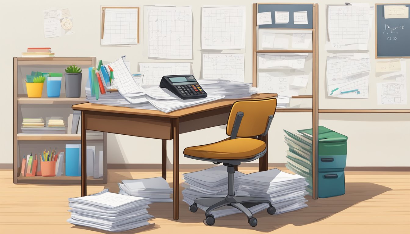A desk with a stack of papers, a calculator, and a notebook. A whiteboard with math equations written on it. A teacher's chair and a student desk