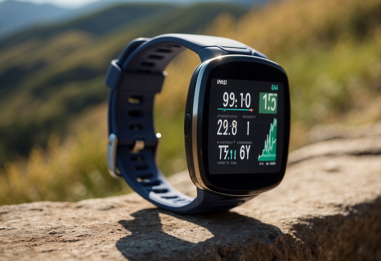 A runner's watch displays heart rate zones and pace on a trail with rolling hills and a clear sky