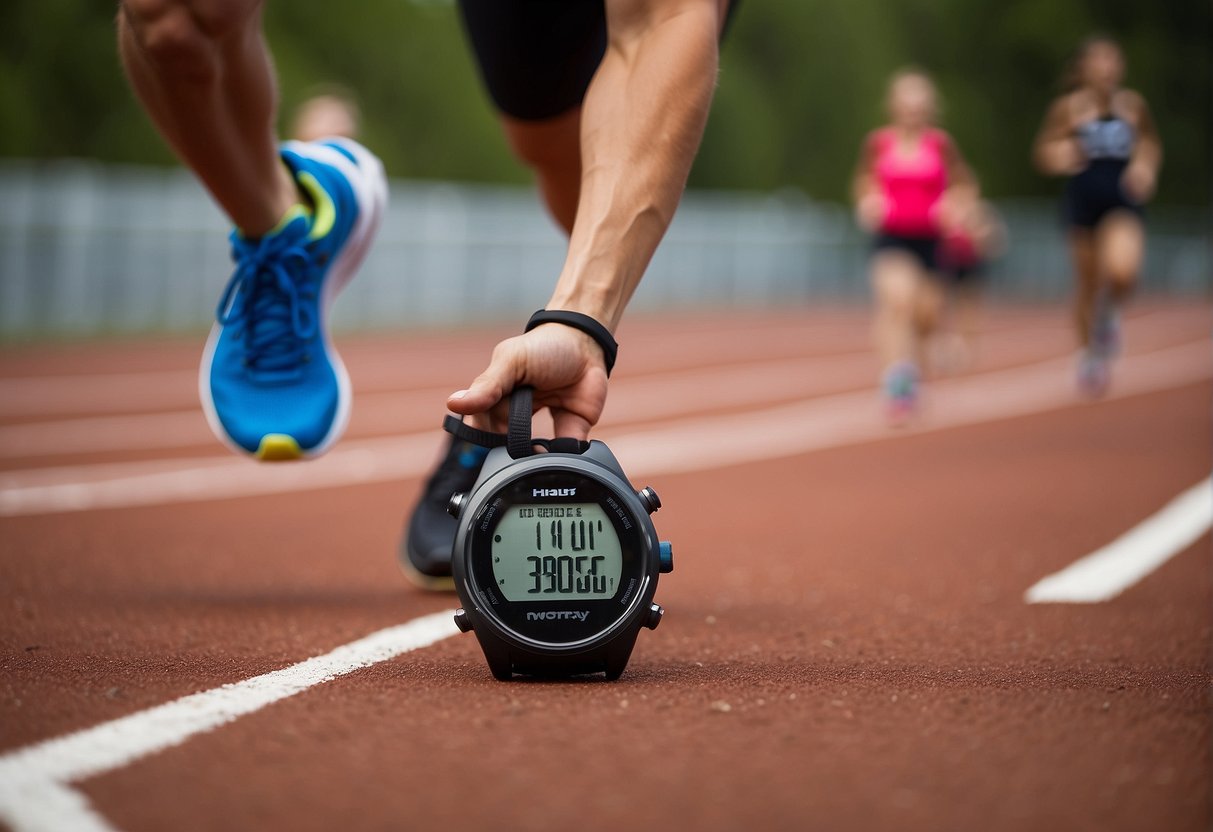 A runner on a track, with a heart rate monitor and a stopwatch, symbolizing the choice between heart rate and pace training