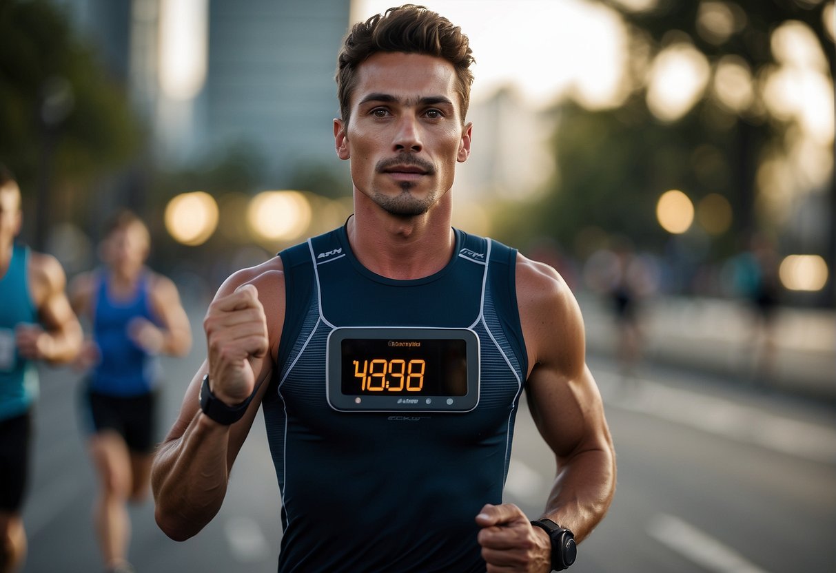 A runner using a heart rate monitor while running, with a clear display of the heart rate zones and a comparison between heart rate training and pace training