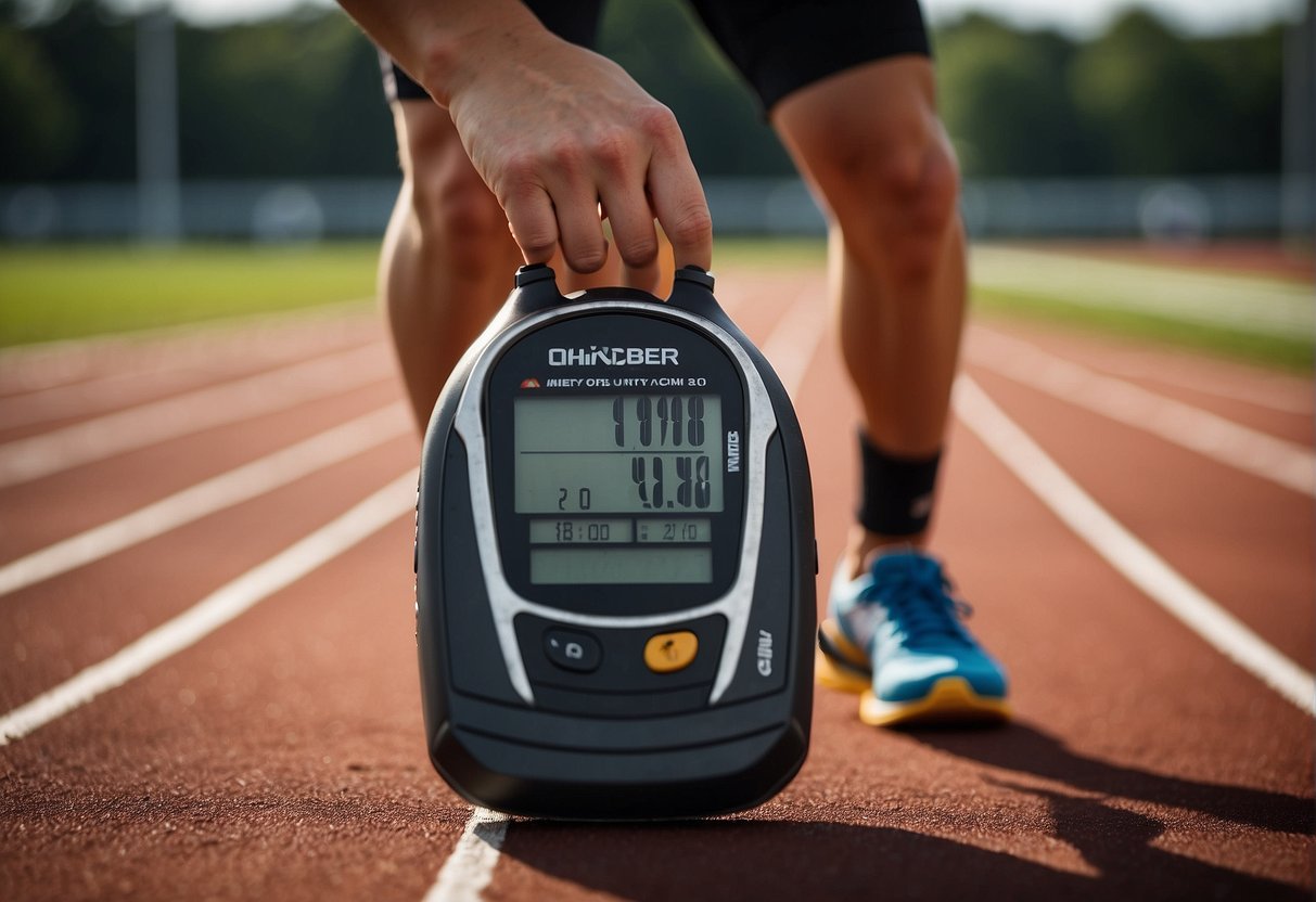 A runner on a track, stopwatch in hand, measuring intervals between sprints. Heart rate monitor sits nearby, showing data