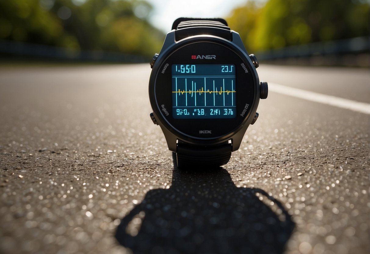 A runner's heart rate monitor displays a fluctuating graph, while a stopwatch shows varying pace times