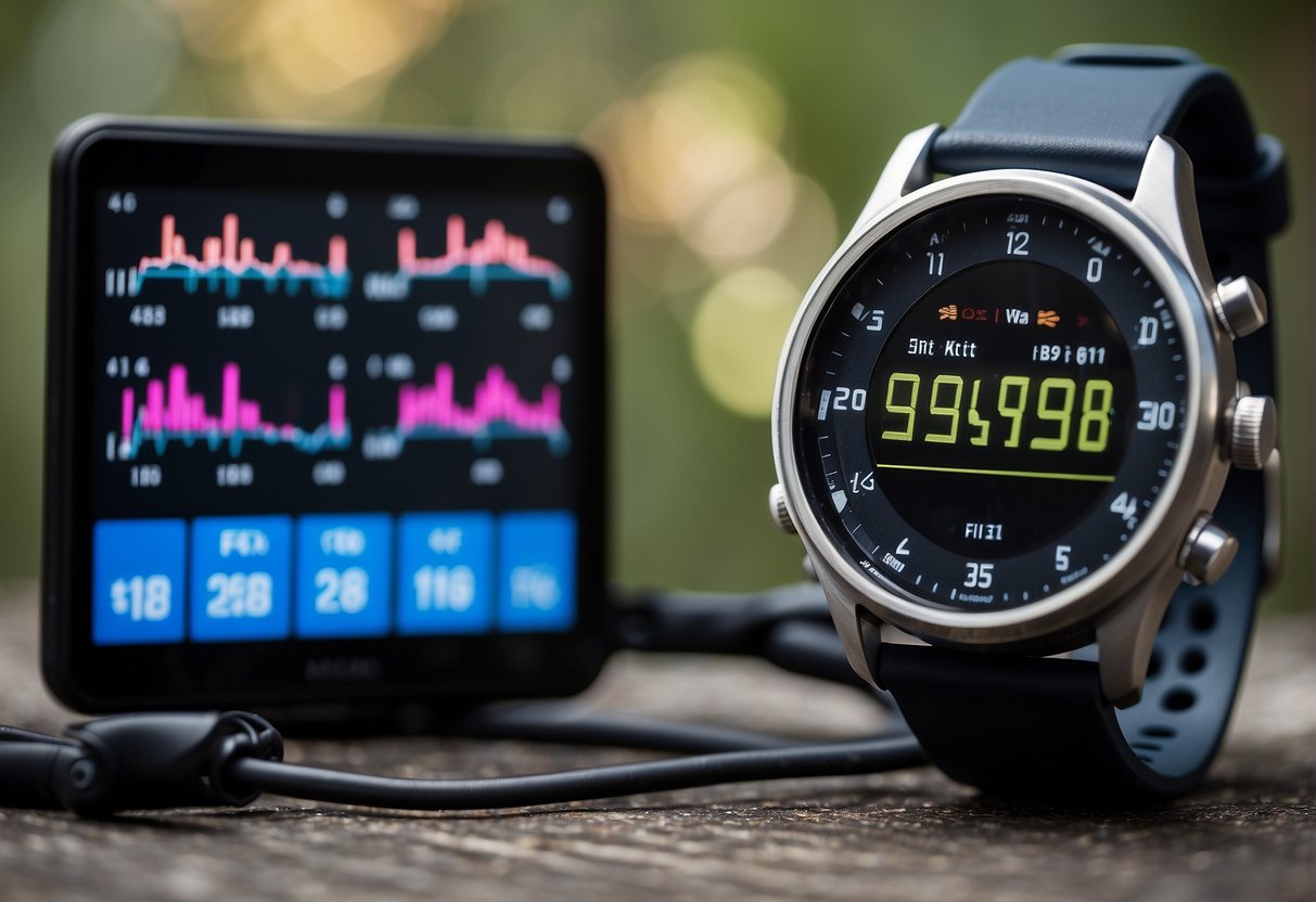 A runner's heart rate monitor displays data while a stopwatch ticks in the background, symbolizing the debate between heart rate training and pace training for runners