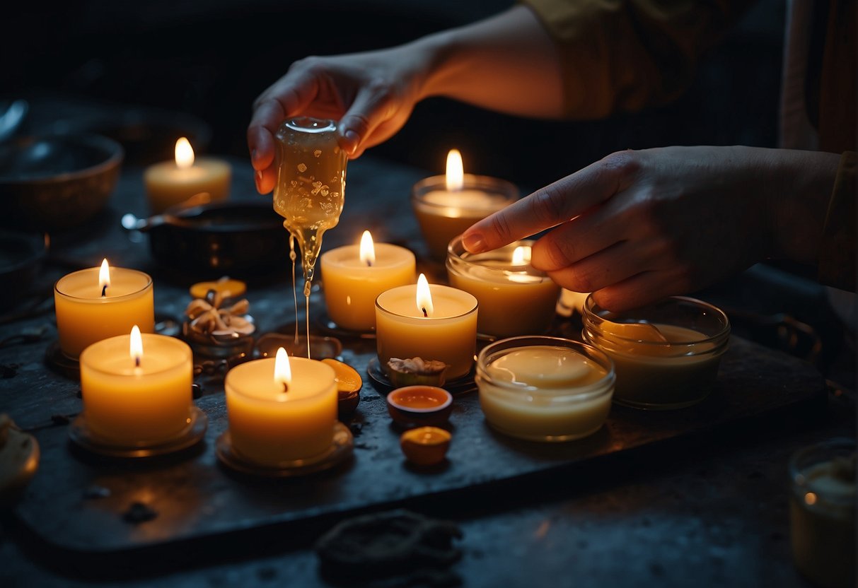 A table with various candle remnants, a melting pot, and molds for new candles. A person is pouring melted wax into the molds