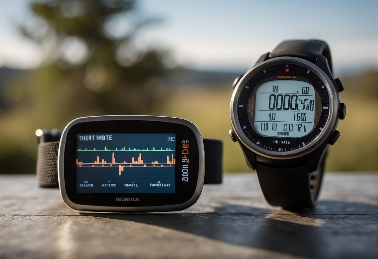 A runner's heart rate monitor displays data while a stopwatch sits nearby. A chart compares heart rate and pace training methods