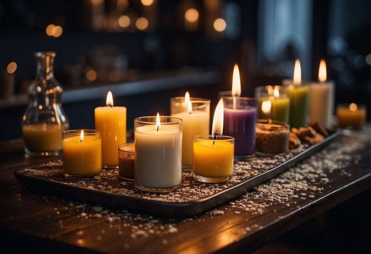 A table with various candle remnants, a melting pot, and molds. A person pours melted wax into molds, creating new candles. Labels with safety tips are visible