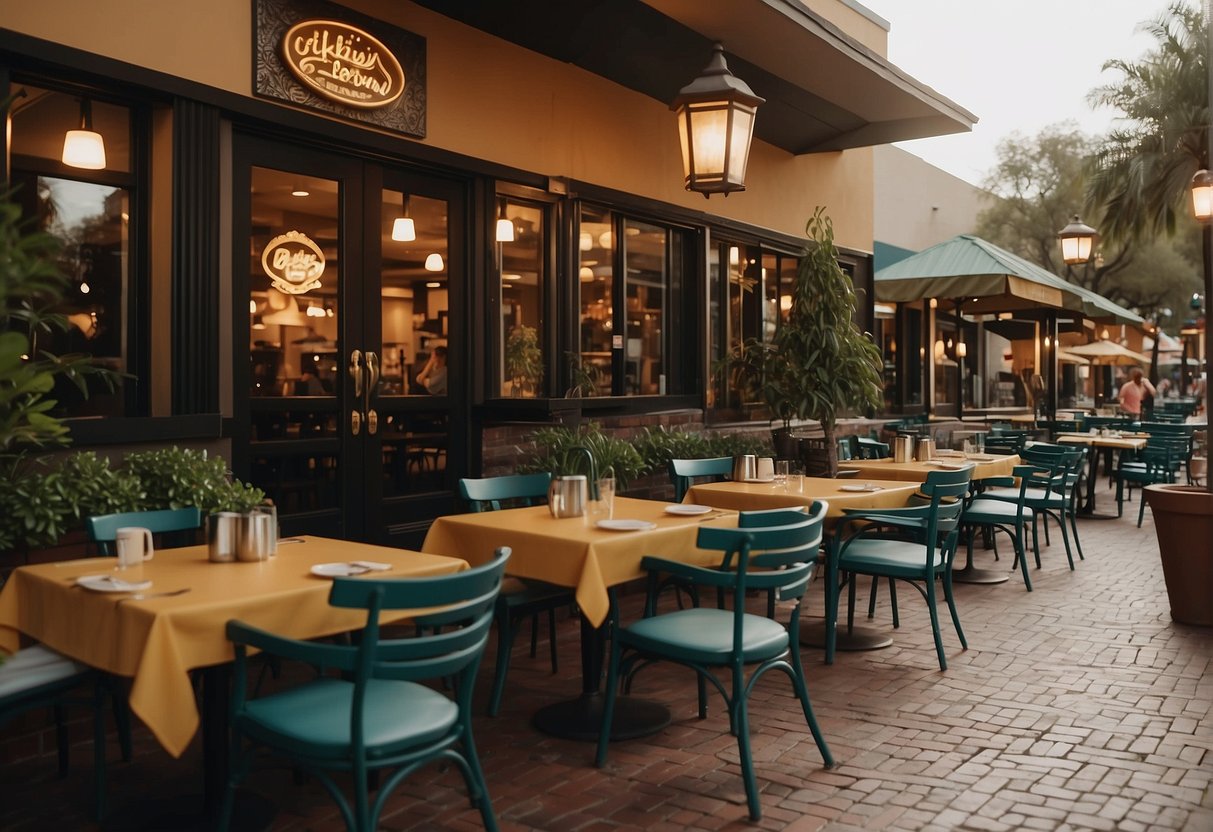 A bustling restaurant in Orlando with a vibrant outdoor patio, filled with happy diners enjoying delicious meals. The restaurant's logo prominently displayed, with a steady stream of customers entering and exiting