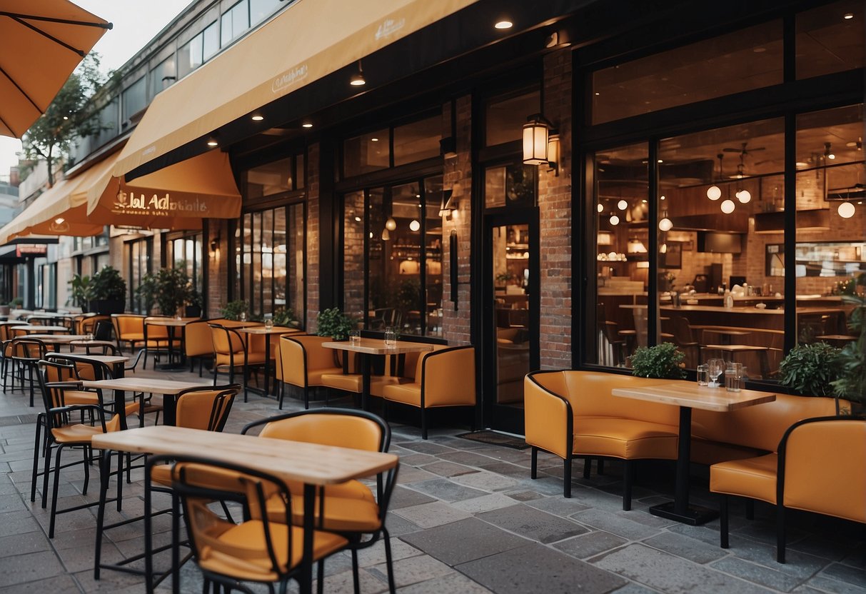 A bustling restaurant with vibrant signage and outdoor seating. Customers are engaged, visible through large windows. SEO keywords are displayed prominently
