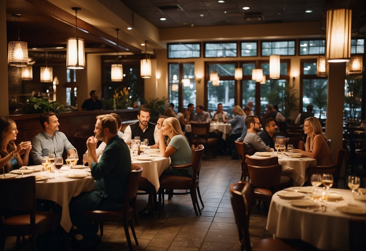 A bustling restaurant with diners enjoying meals, while a server answers questions about SEO services in Orlando