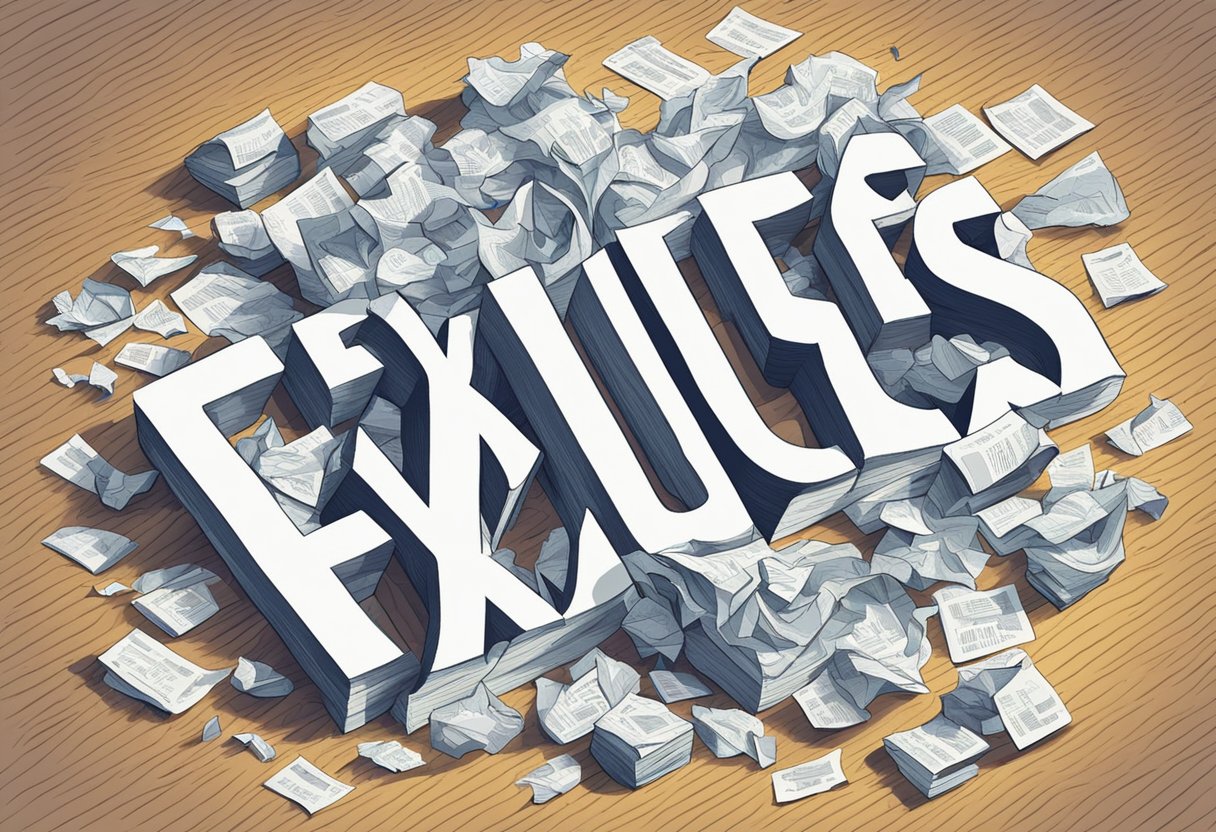 A pile of crumpled papers with the word "excuses" written in bold letters