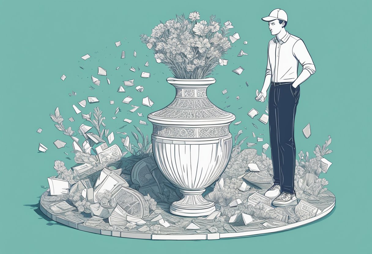 A person standing in front of a broken vase, with a guilty expression and a list of excuses in hand