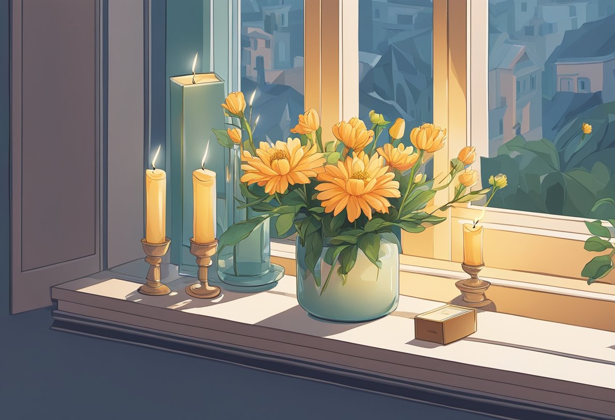 A single wilting flower lies on a windowsill, surrounded by softly glowing candles and a framed photo