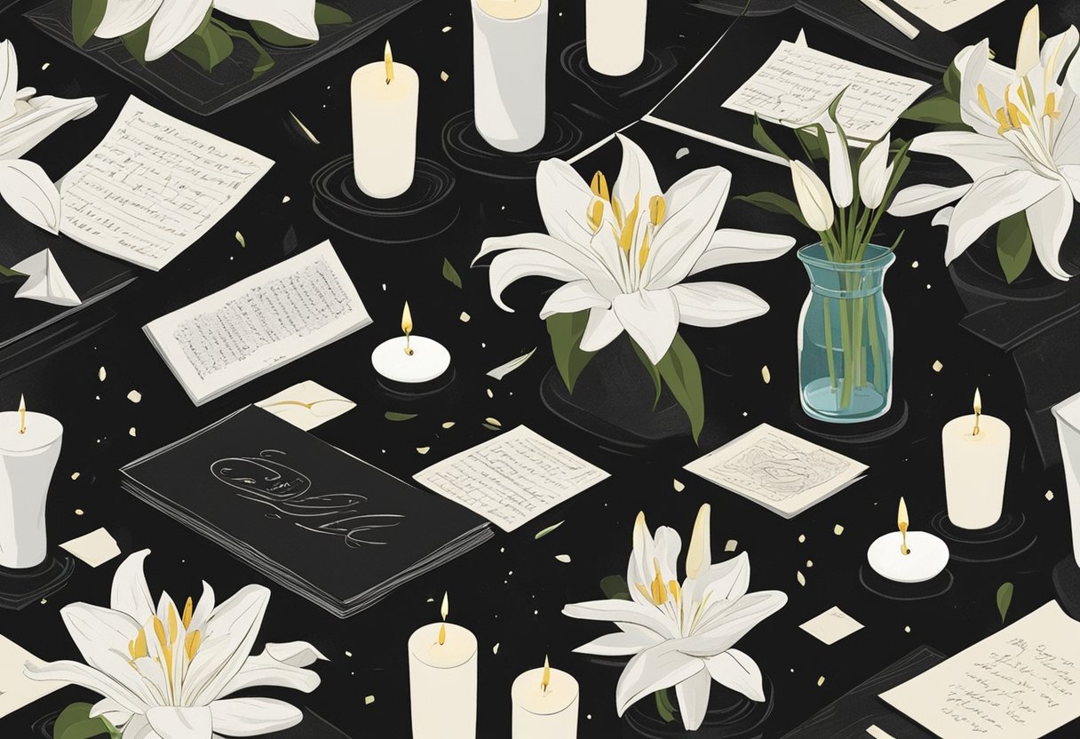 A table covered in a black cloth with a single lit candle and a vase of white lilies, surrounded by scattered cards with handwritten quotes