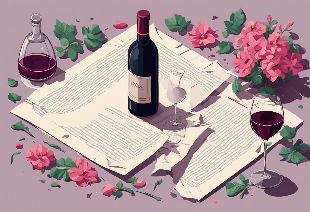 A torn love letter lies on a table, surrounded by wilted flowers and empty wine glasses. A single tear stain marks the paper
