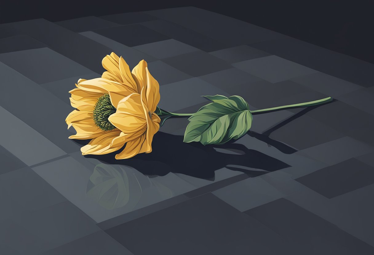 A single wilted flower lying on a dark, empty table, surrounded by dim lighting and heavy shadows, evoking a sense of loneliness and despair