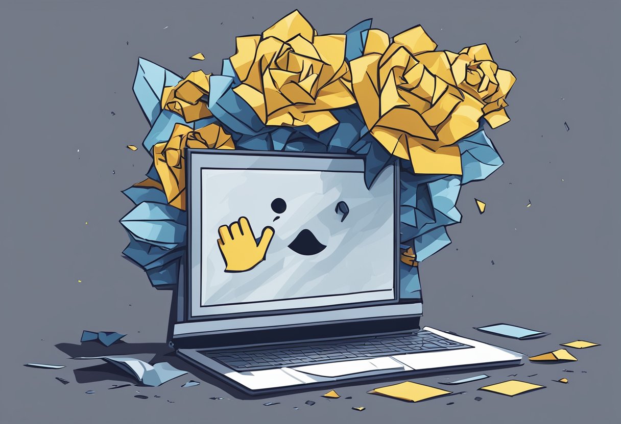 A pile of crumpled papers and a frown emoji on a computer screen. A dark cloud looms overhead, casting a shadow on a wilted flower