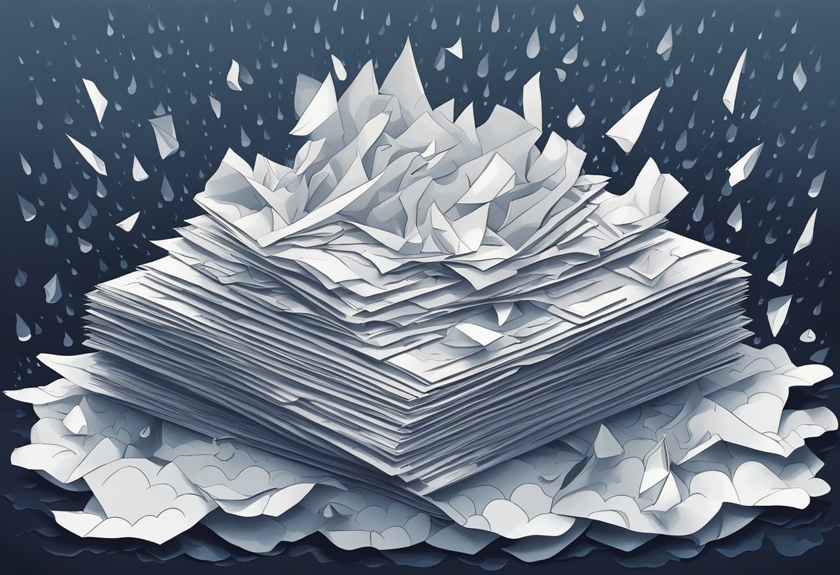 A pile of crumpled papers surrounded by dark clouds and rain, with a single droplet falling onto the top sheet
