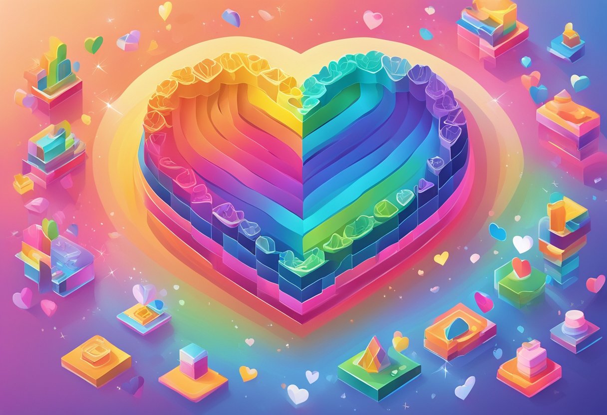 A vibrant rainbow of colors surrounds a glowing heart, with quotes about love and positivity floating in the air