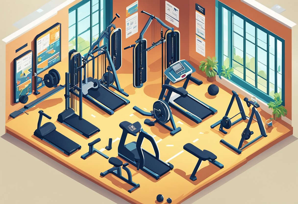 A gym with motivational quotes on the walls, equipment neatly arranged, and natural lighting streaming in through the windows