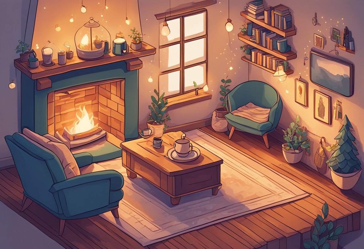 A cozy room with a crackling fireplace, a warm blanket, and a steaming mug of tea. The walls are adorned with inspirational quotes and the soft glow of fairy lights creates a tranquil atmosphere