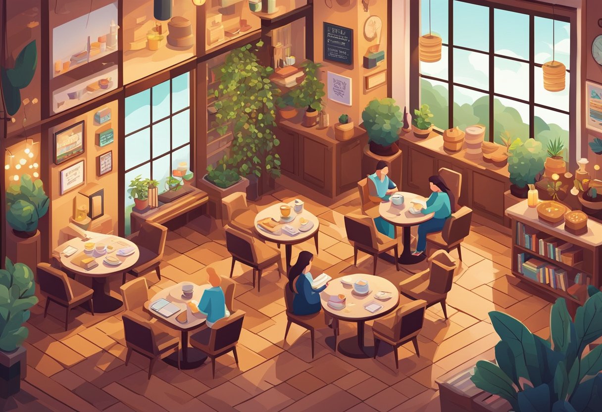 A cozy cafe with warm lighting and comfy chairs, a bookshelf filled with inspirational quotes, and a steaming cup of tea on a table