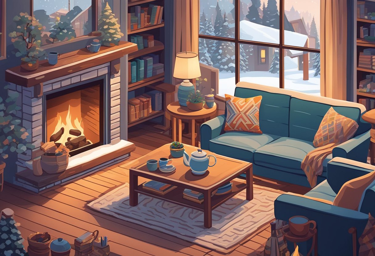 A cozy living room with a crackling fireplace, a warm blanket, and a steaming cup of tea on a side table. Outside, snow gently falls, creating a peaceful winter scene