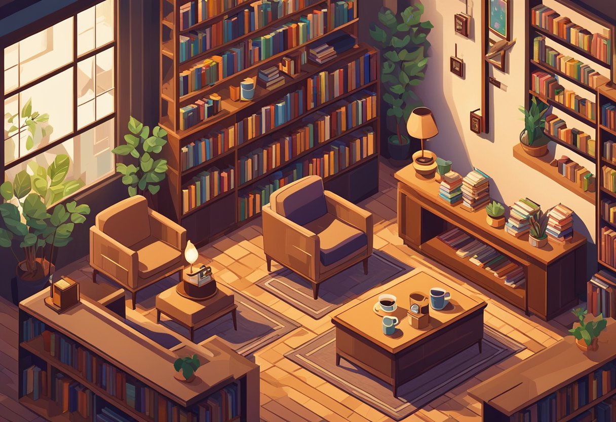 A cozy coffee shop with warm lighting, comfy chairs, and steaming mugs. A bookshelf filled with novels and a peaceful atmosphere