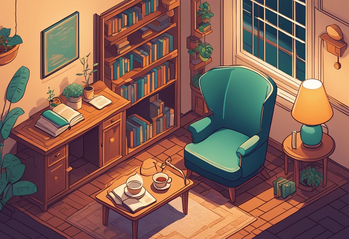 A cozy room with warm lighting, a comfortable chair, and a steaming cup of tea on a table. A soft blanket is draped over the back of the chair, and a book is open, waiting to be read