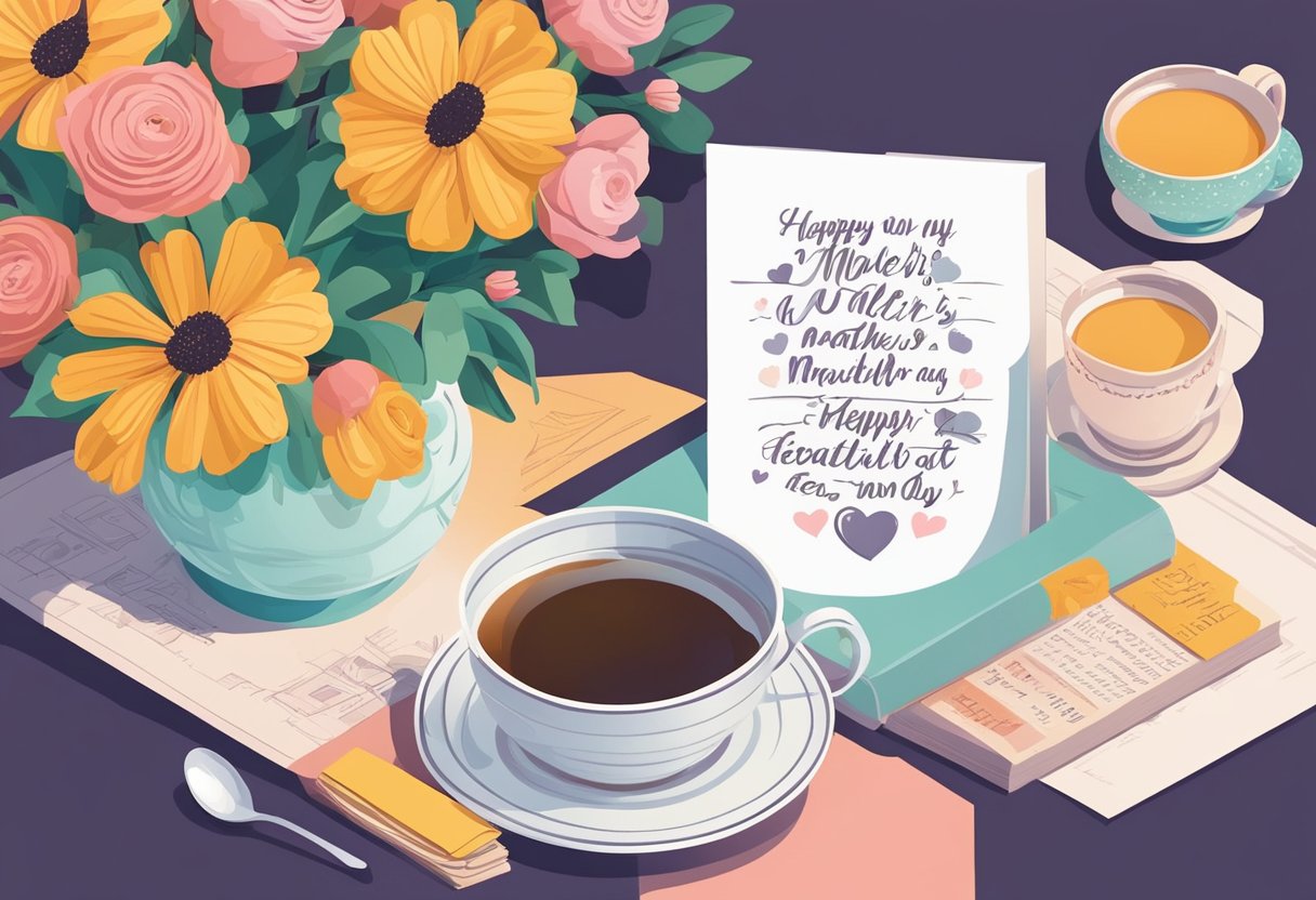 A table set with a vase of fresh flowers, a handwritten note with a heartfelt Mother's Day quote, and a warm cup of tea