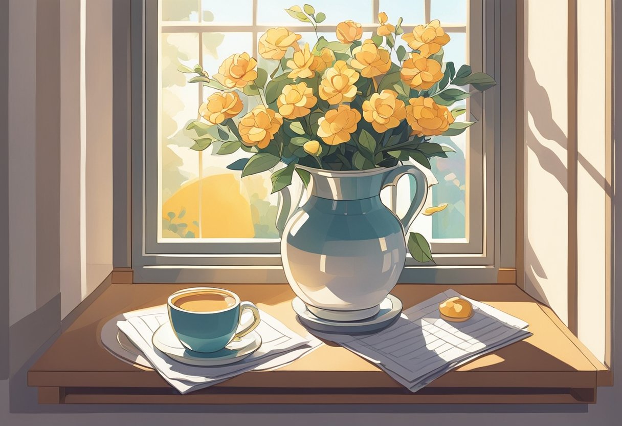 A table with a vase of flowers, a handwritten note, and a cup of tea. Sunshine streams in through a window, casting a warm glow on the scene