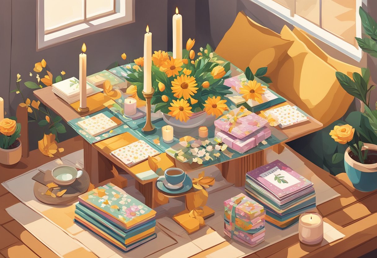A table covered in flowers, cards, and gifts. A warm, cozy atmosphere with candles and family photos. A sense of love and appreciation