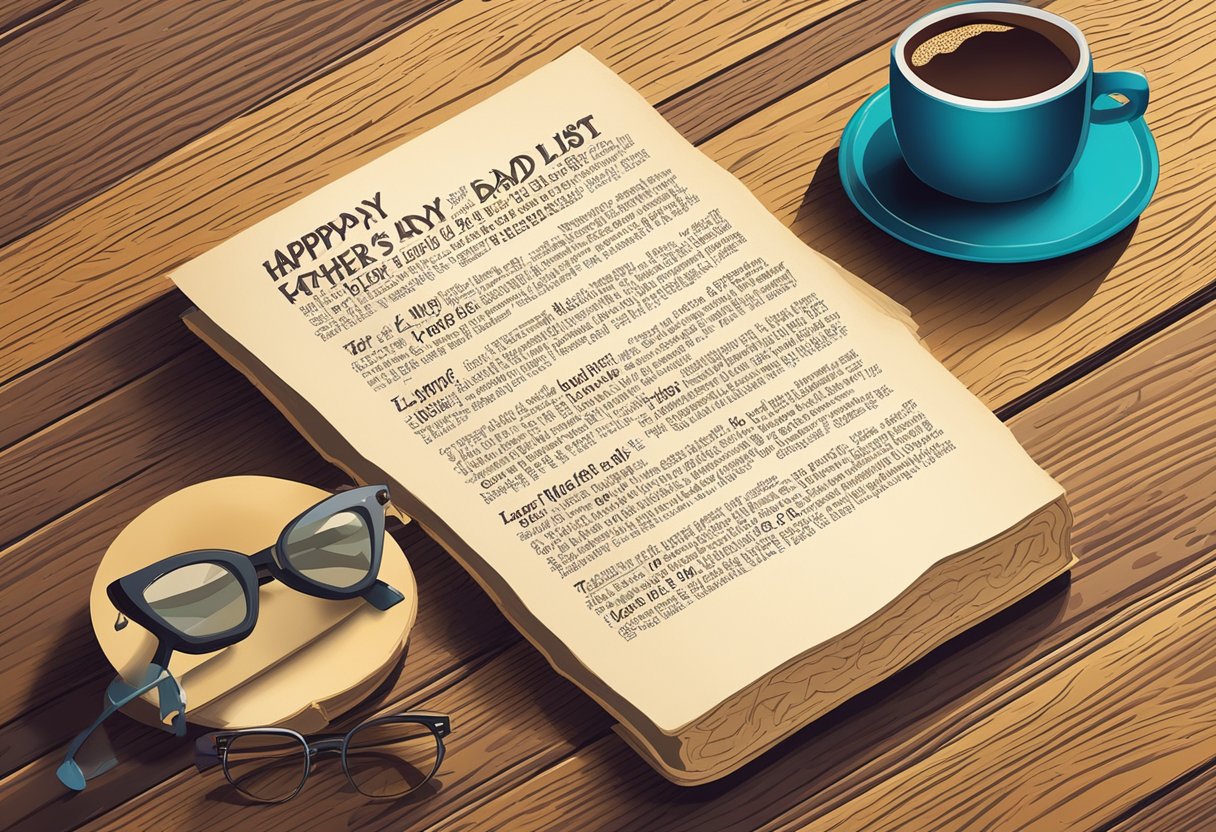 A father's day quote list displayed on a rustic wooden table with a mug of coffee and a pair of reading glasses